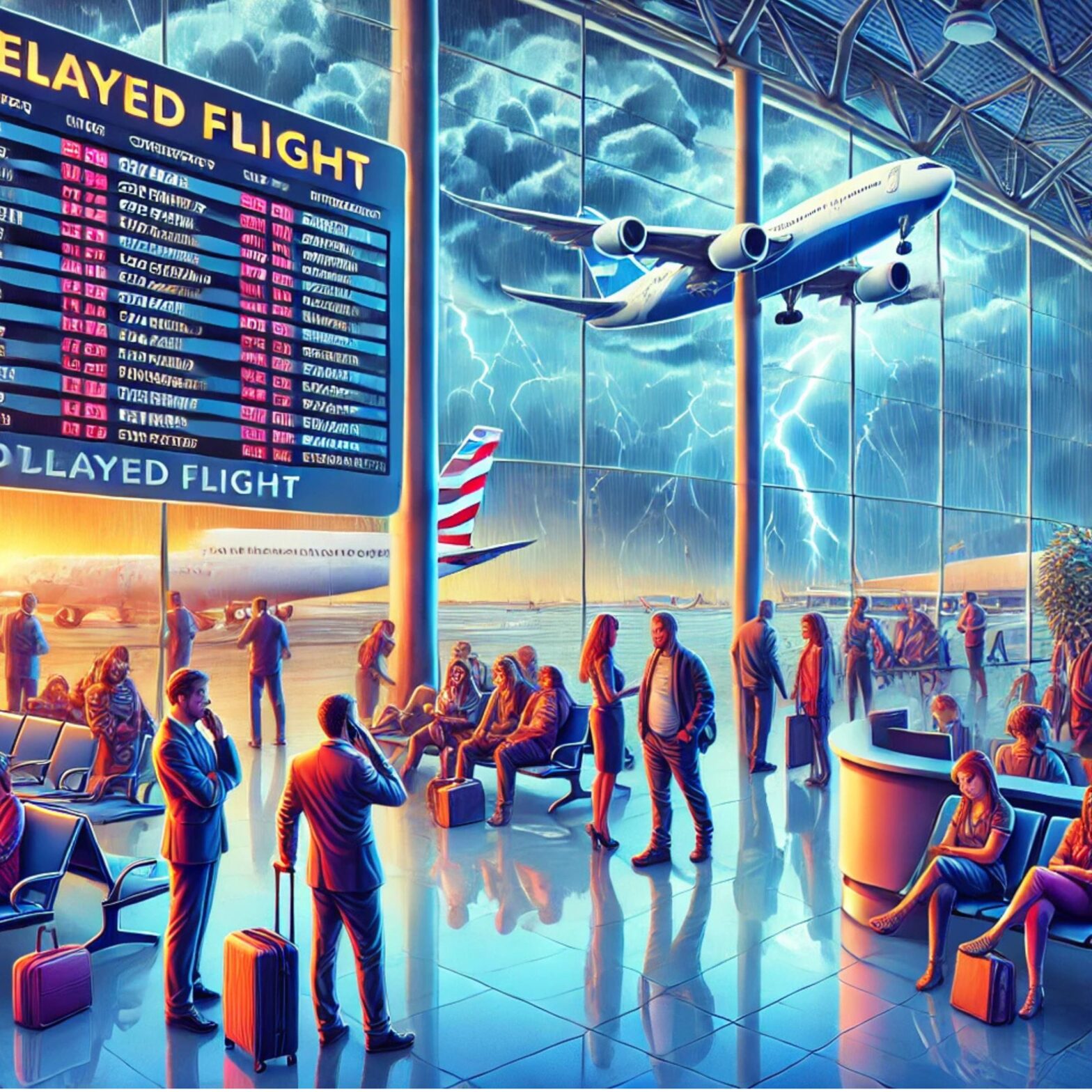 Airport scene showing flight delays and cancellations due to bad weather, with stormy skies, a canceled flight board, and frustrated passengers waiting.