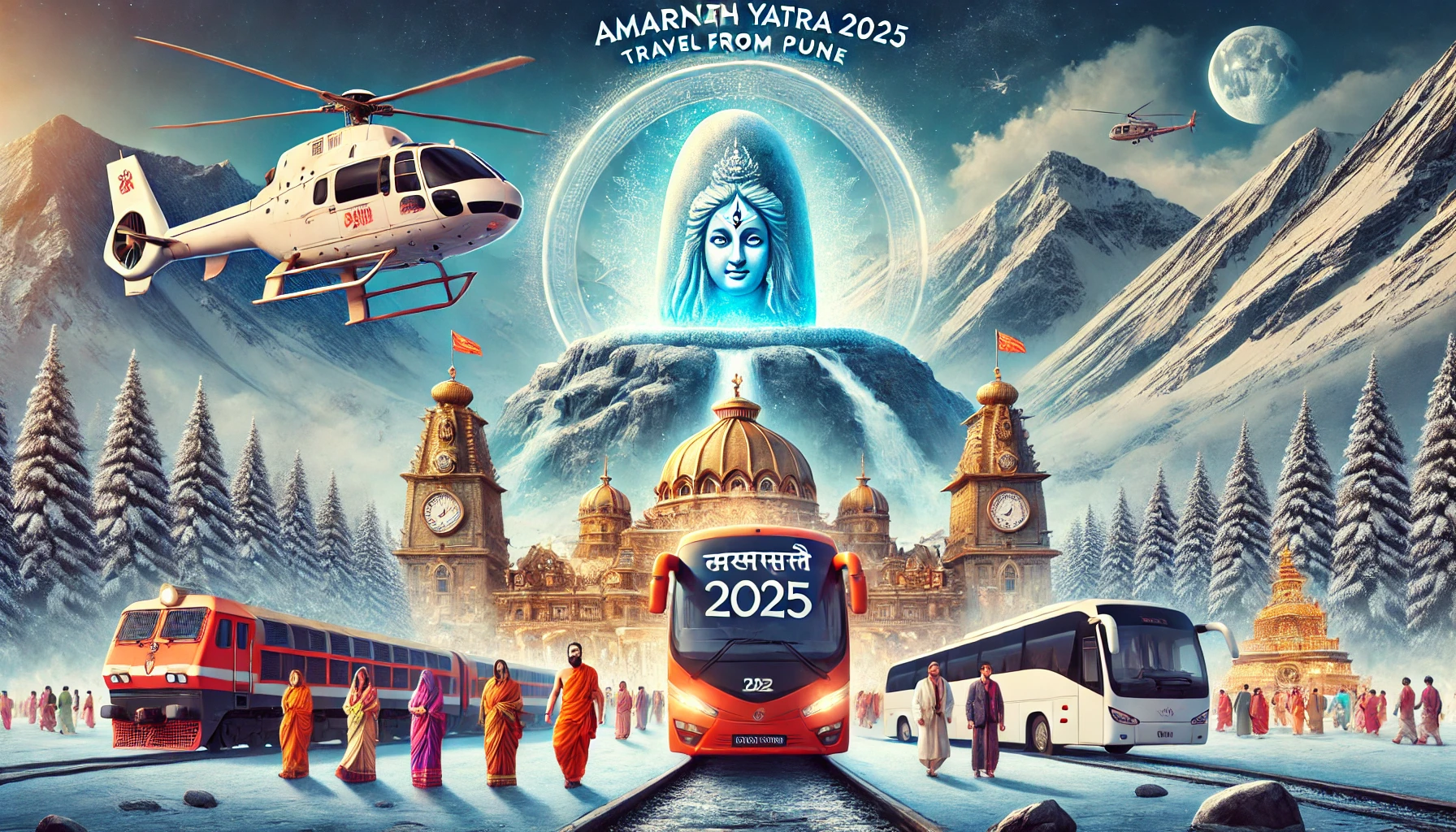 A promotional image for the Popular Amarnath Yatra Package from Pune in 2025, showcasing different transportation options. The image features the sacred Amarnath Cave with the glowing ice Shiva Lingam, surrounded by snow-capped mountains. A helicopter hovers above, while a luxury train and a tourist bus are seen in the foreground, symbolizing helicopter, train, and road travel options. Pilgrims in traditional attire walk towards the cave, creating a spiritual atmosphere.