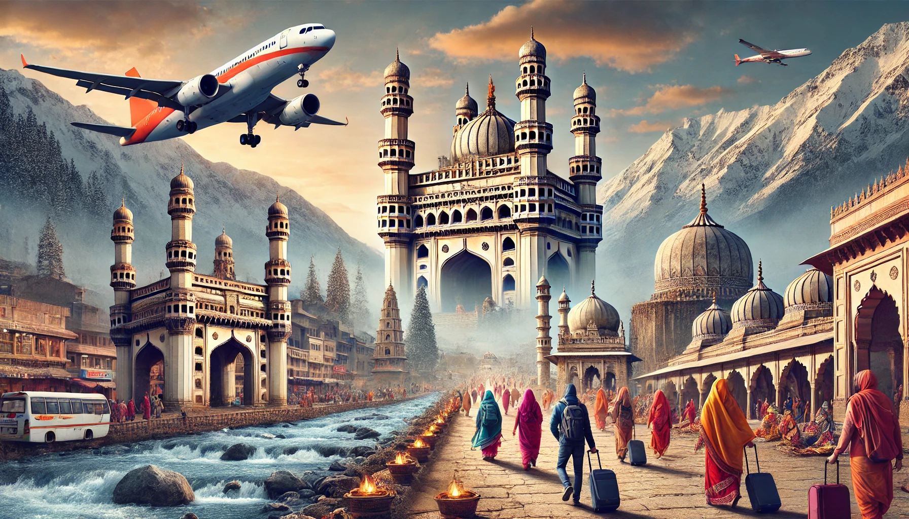 Illustration of Chardham Yatra from Hyderabad featuring an airplane taking off near Charminar, transitioning into a spiritual journey with Kedarnath, Badrinath, Gangotri, and Yamunotri temples set in the Himalayas, with pilgrims walking towards the sacred shrines.
