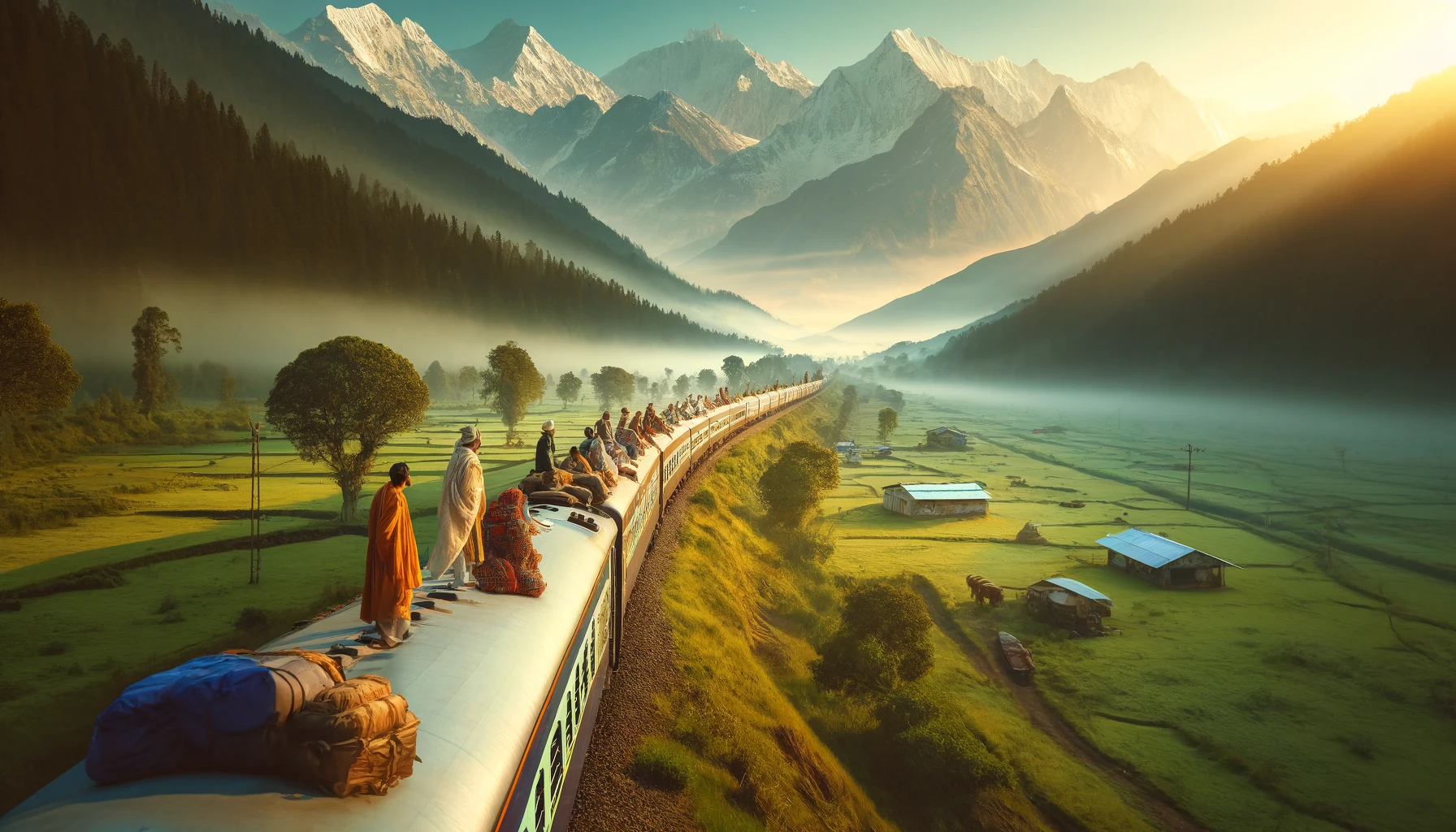 A train traveling from Hyderabad towards the Himalayas, symbolizing the Chardham Yatra route. The image showcases a scenic transition from lush green plains to mountainous terrain, with pilgrims onboard looking out in anticipation of their spiritual journey.