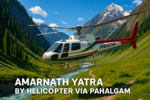 Pilgrims trekking through the scenic Pahalgam route during the Amarnath Yatra, surrounded by snow-capped mountains, lush valleys, and rugged trails leading to the sacred Amarnath Cave.
