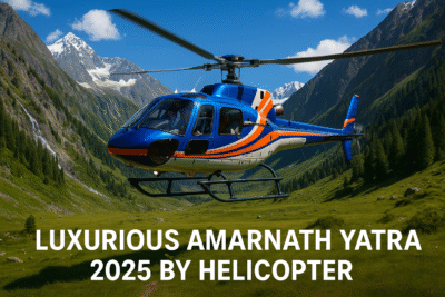 Pilgrims boarding helicopter for Luxurious Amarnath Yatra Package 2025 with VIP Darshan and 5-star facilities