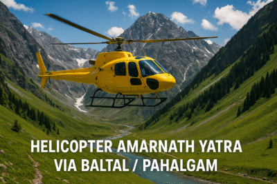 Pilgrims trekking on Amarnath Yatra route via Pahalgam and Baltal with scenic mountain views