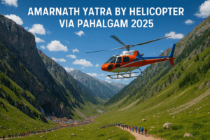 Helicopter flying over scenic Pahalgam valley during Amarnath Yatra 2025 with snow-capped mountains in the background