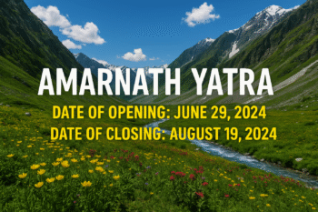 Scenic landscape with Amarnath Yatra 2025 opening and closing dates displayed in bold, set against snow-capped mountains and a vibrant valley.