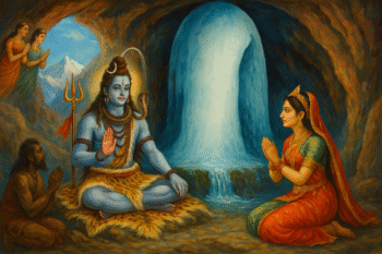 Traditional painting of the Amarnath cave myth showing Lord Shiva narrating the secret of immortality to Goddess Parvati, surrounded by an icy cave, a glowing Shiva Lingam, and snow-covered Himalayan peaks in the background.
