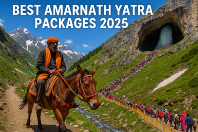 High-resolution image of a pilgrim riding a decorated mule along a rocky Himalayan trail toward the Amarnath Cave, with vibrant crowds and snow-capped mountains in the background, promoting Best Amarnath Yatra Packages 2025 under a clear blue sky.