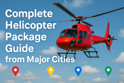 Illustration of a helicopter flying over mountains with location markers representing major Indian cities, symbolizing the Complete Amarnath Yatra Helicopter Package Guide.