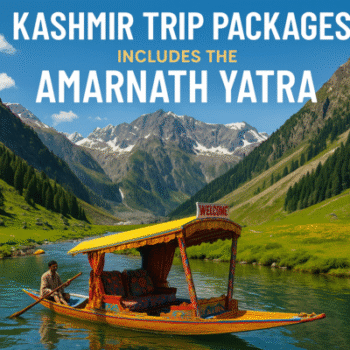 Scenic view of Amarnath Yatra pilgrims with snow-covered mountains and Kashmir valley in the background, highlighting a spiritual journey combined with natural beauty.