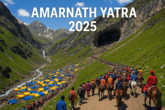 Amarnath Yatra 2025: Key Information and Guidelines. This image provides essential details for pilgrims planning to undertake the Amarnath Yatra in 2025. It includes information on registration dates, health requirements, eligibility criteria, and travel routes. Pilgrims can register online through the official Shri Amarnathji Shrine Board (SASB) website or offline at authorized bank branches. A Compulsory Health Certificate (CHC) is mandatory for all participants. The Yatra is open from July 3 to August 9, 2025, with daily pilgrim quotas in place. Travelers are advised to prepare adequately for the challenging high-altitude journey.