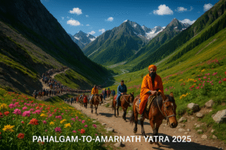 Pilgrims trekking along the scenic Pahalgam to Amarnath Yatra Route 2025, surrounded by snow-capped mountains, lush valleys, and vibrant alpine landscapes.