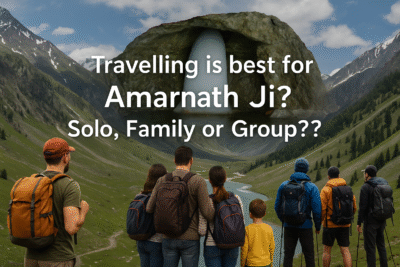 Pilgrims on the Amarnath Yatra choosing between solo and group travel options in the scenic Himalayas.