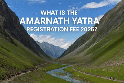 Pilgrims registering for Amarnath Yatra with official registration fee details.