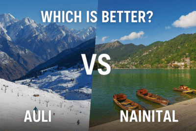 Scenic comparison of Auli and Nainital hill stations showcasing mountains, lakes, and tourist attractions