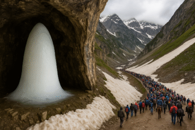 Pilgrims trekking through the Himalayas on Amarnath Yatra 2025 amid newly declared No-Flying Zone for safety and security.