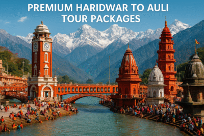 Scenic view of a luxury Haridwar to Auli tour with premium accommodations, snowy mountains, and comfortable travel experience.