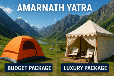 Split-screen image showing Amarnath Yatra budget camp setup on one side and luxury tent accommodation on the other, with scenic mountain backdrop.