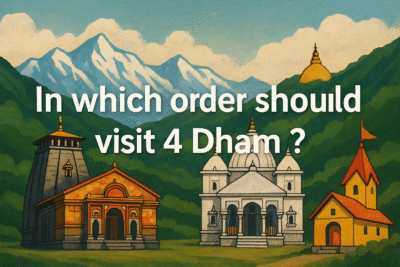 Pilgrims trekking through the Himalayas on the traditional Sequence of 4 Dham pilgrimage – Yamunotri, Gangotri, Kedarnath, and Badrinath.