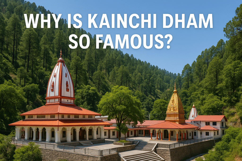 A scenic view of Kainchi Dham Ashram surrounded by lush hills, showcasing its peaceful ambiance and spiritual architecture.