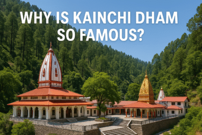 A scenic view of Kainchi Dham Ashram surrounded by lush hills, showcasing its peaceful ambiance and spiritual architecture.
