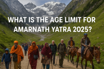 Pilgrims trekking to Amarnath Cave with information about the age limit for Amarnath Yatra 2025.