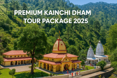 Devotees praying at Neem Karoli Baba’s Kainchi Dham ashram surrounded by lush hills in Uttarakhand
