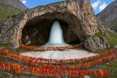 Pilgrims visiting the sacred Amarnath Cave to witness the naturally formed Ice Shiva Lingam, the main reason why Amarnath is famous.