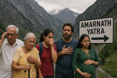 Pilgrims trekking through mountainous terrain on the Amarnath Yatra, highlighting the physical demands and eligibility criteria for the journey.