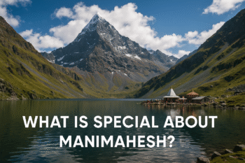 Devotees trekking towards Manimahesh Lake with Manimahesh Kailash Peak in the background, highlighting the spiritual significance of the Manimahesh Yatra.