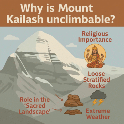 Mount Kailash sacred peak in Tibet, unclimbed mountain surrounded by snow and spiritual aura.