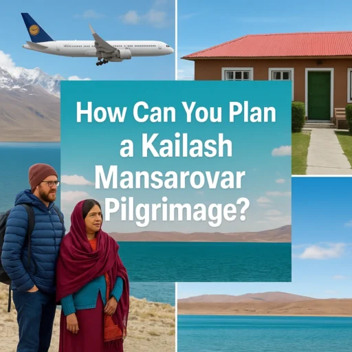 Pilgrims at Mount Kailash during Kailash Mansarovar Yatra with scenic mountains and holy Mansarovar Lake.