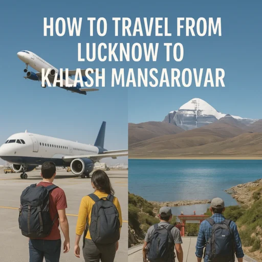 Pilgrims traveling from Lucknow to Kailash Mansarovar with scenic Himalayan mountains in the background.