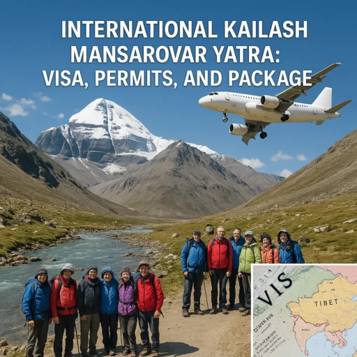 Mount Kailash with pilgrims, river, plane, and Tibet visa map – International Kailash Mansarovar Yatra