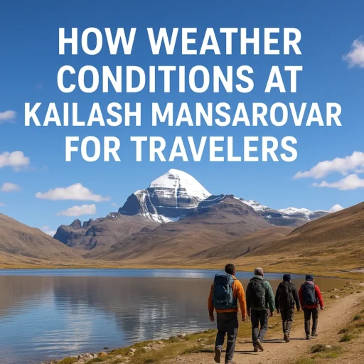 Travelers experiencing diverse weather conditions at Kailash Mansarovar near Mount Kailash and Lake Mansarovar.