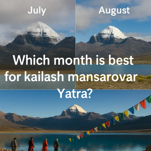 which month is best for kailash mansarovar Yatra – serene view of Mount Kailash and Mansarovar Lake under clear blue skies during pilgrimage season