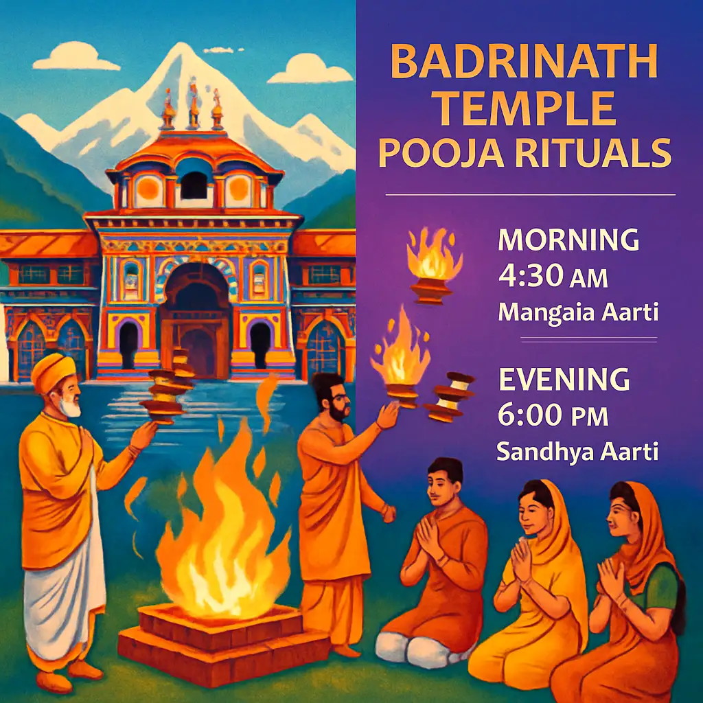 Badrinath Temple pooja rituals illustration showing aarti, timings, types of poojas, and devotees in a spiritual Himalayan setting