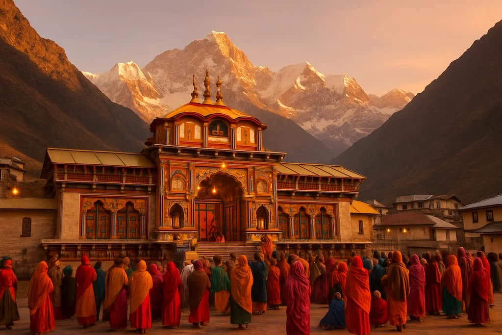 Badrinath Temple at sunrise with pilgrims and Himalayan mountain backdrop, Badrinath opening closing dates