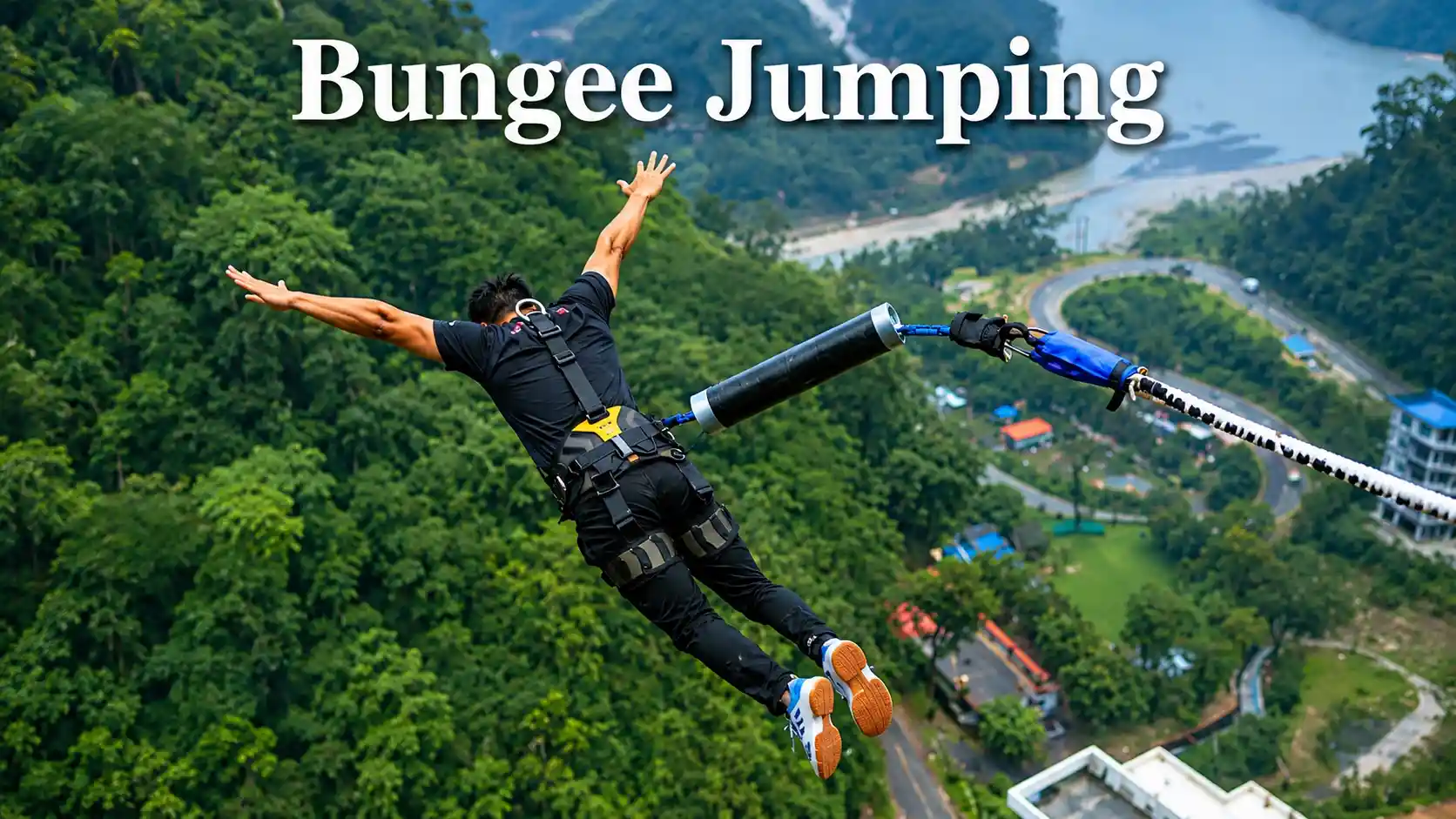 Bungee jumping over a river valley