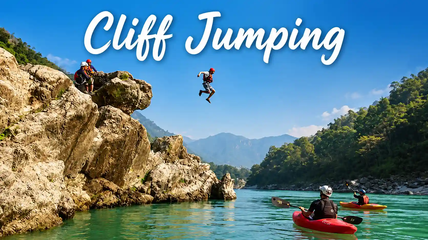 Cliff jumping adventure on vibrant river